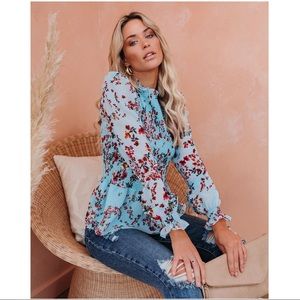 Vici Dolls Cream of the Crop Smocked Peplum Blue Blouse Top